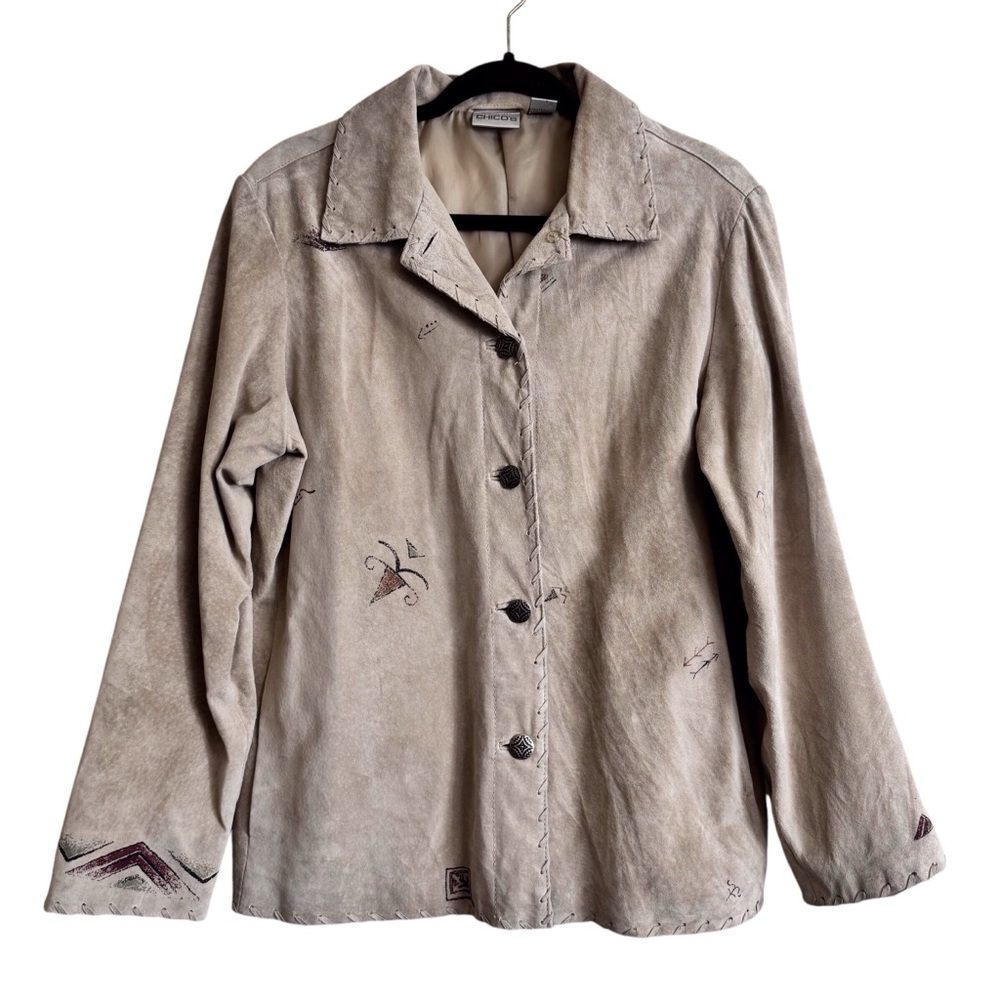 Chicos Size Large Brown Whipstitch Southwestern Suede Genuine Leather Jacket